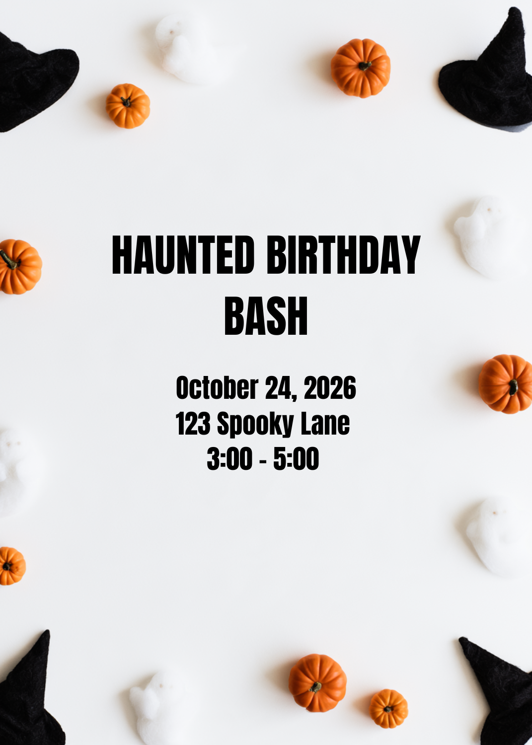A festive flatlay invitation on a white background bordered by mini orange pumpkins, black witch hats, and white ghosts, centered with bold text reading 'HAUNTED BIRTHDAY BASH'[cite: 108].